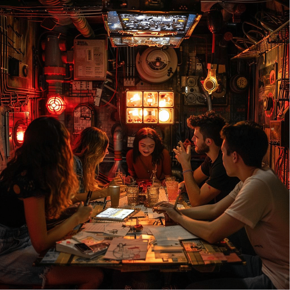 fünf personen sitzen an einem tisch und lösen rätsel für escape room wien erfahrungen